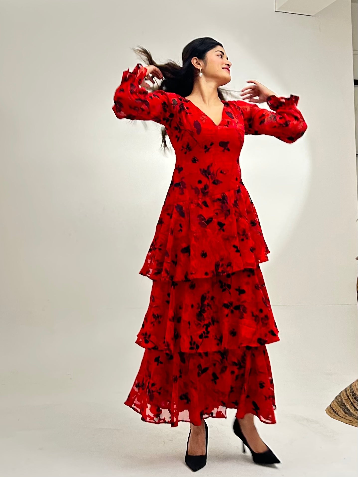 Red Floral Jacquard Maxi Dress for Women
