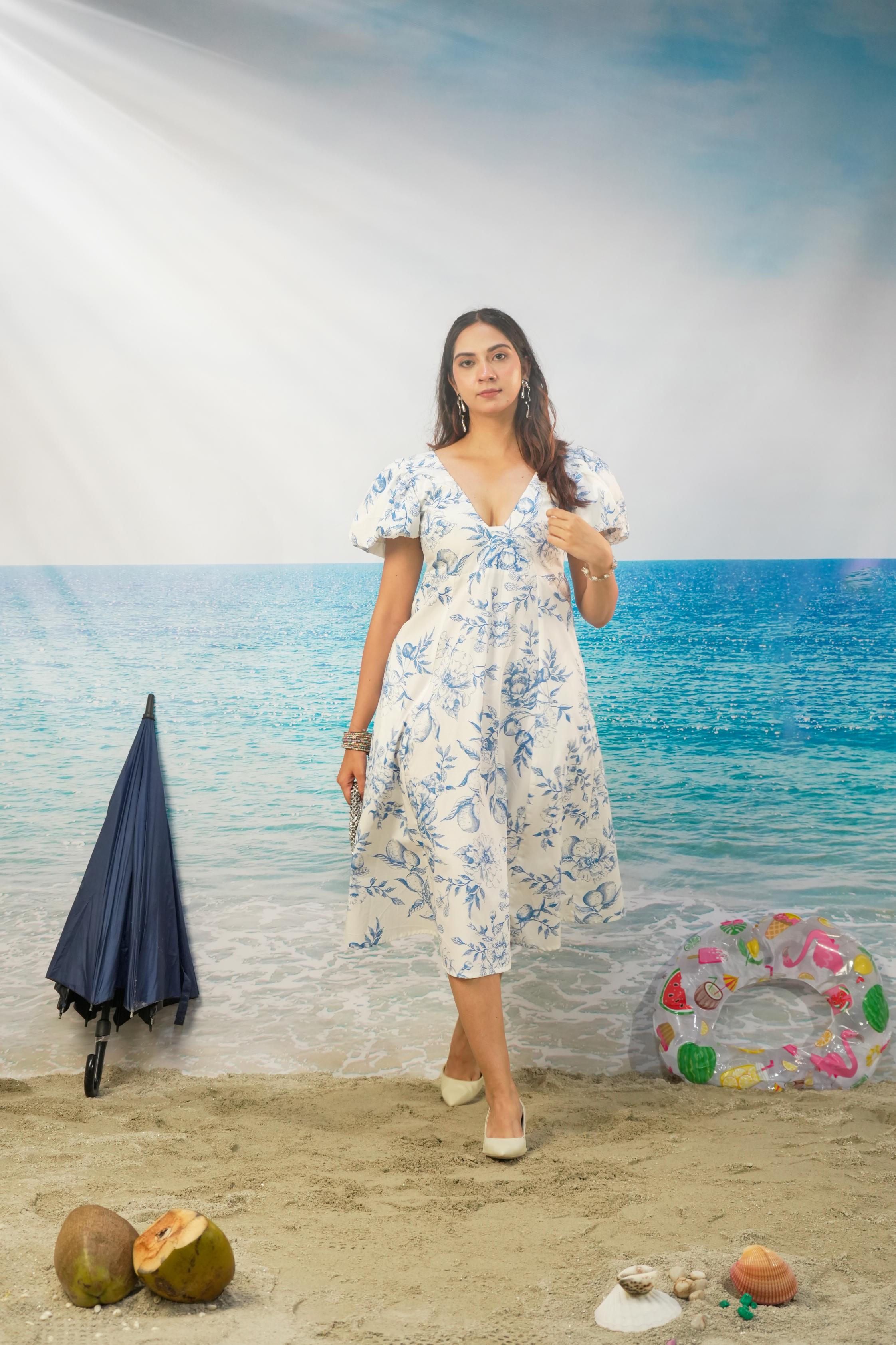 Ishita Floral Toile Printed Resort Dress | Blue Poplin Midi