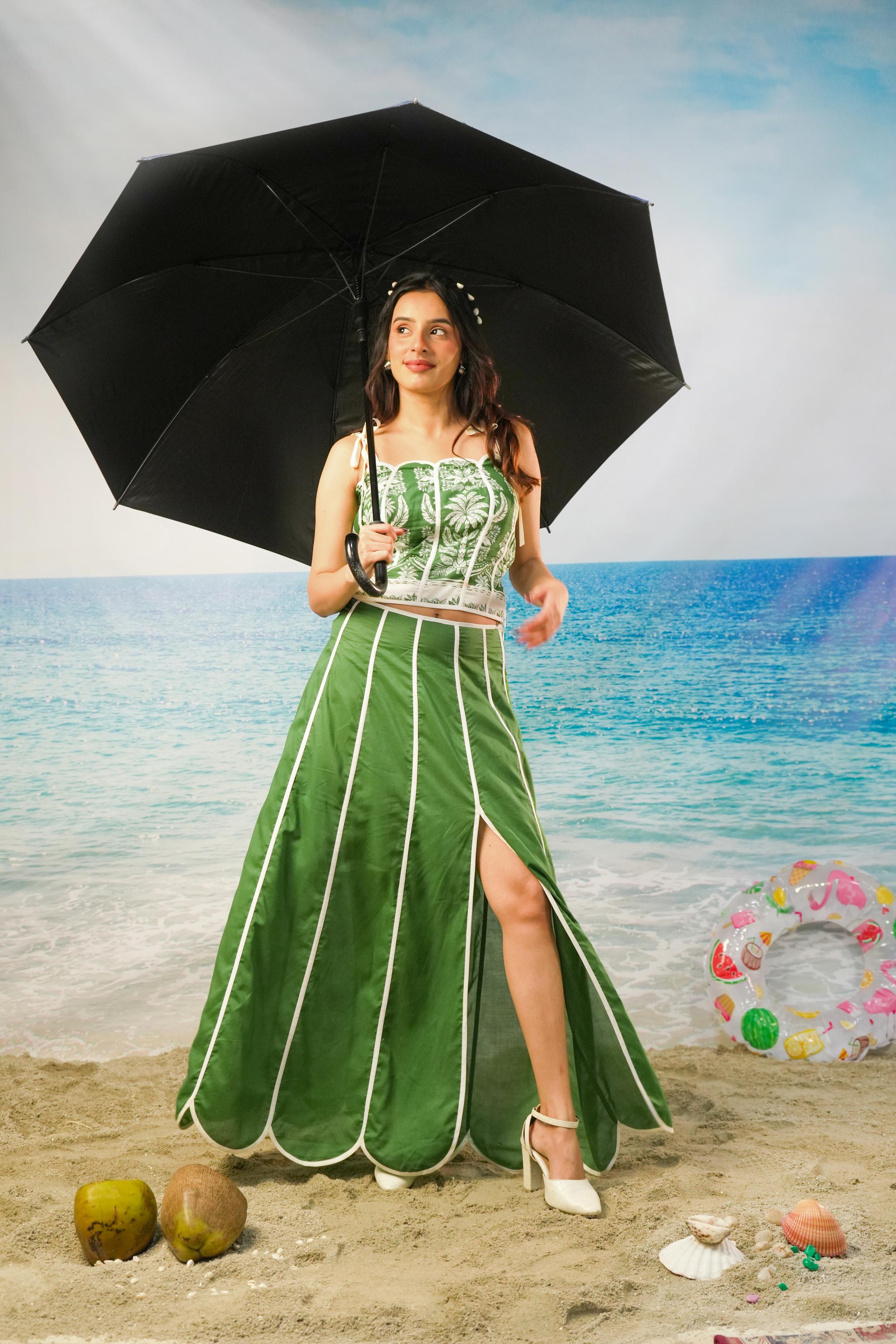 Kavya Cotton Cambric Scalloped Co-ord Set | Green Resort Wear