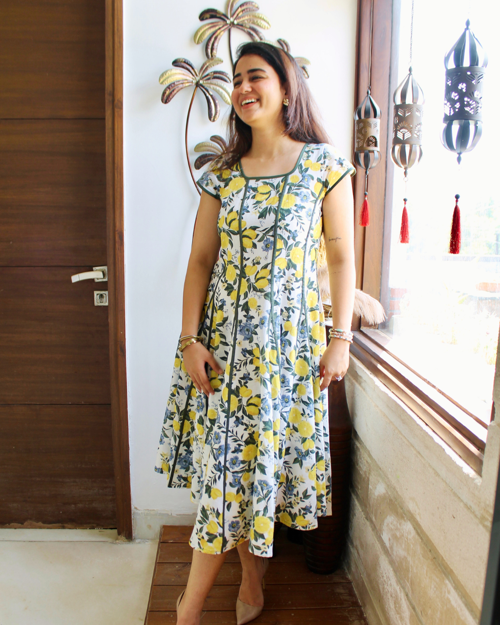amalfi-bloom-cotton-panelled-dress-front on Model Anjali