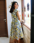 Floral cotton panelled midi dress with flare Amalfi Bloom Khamna