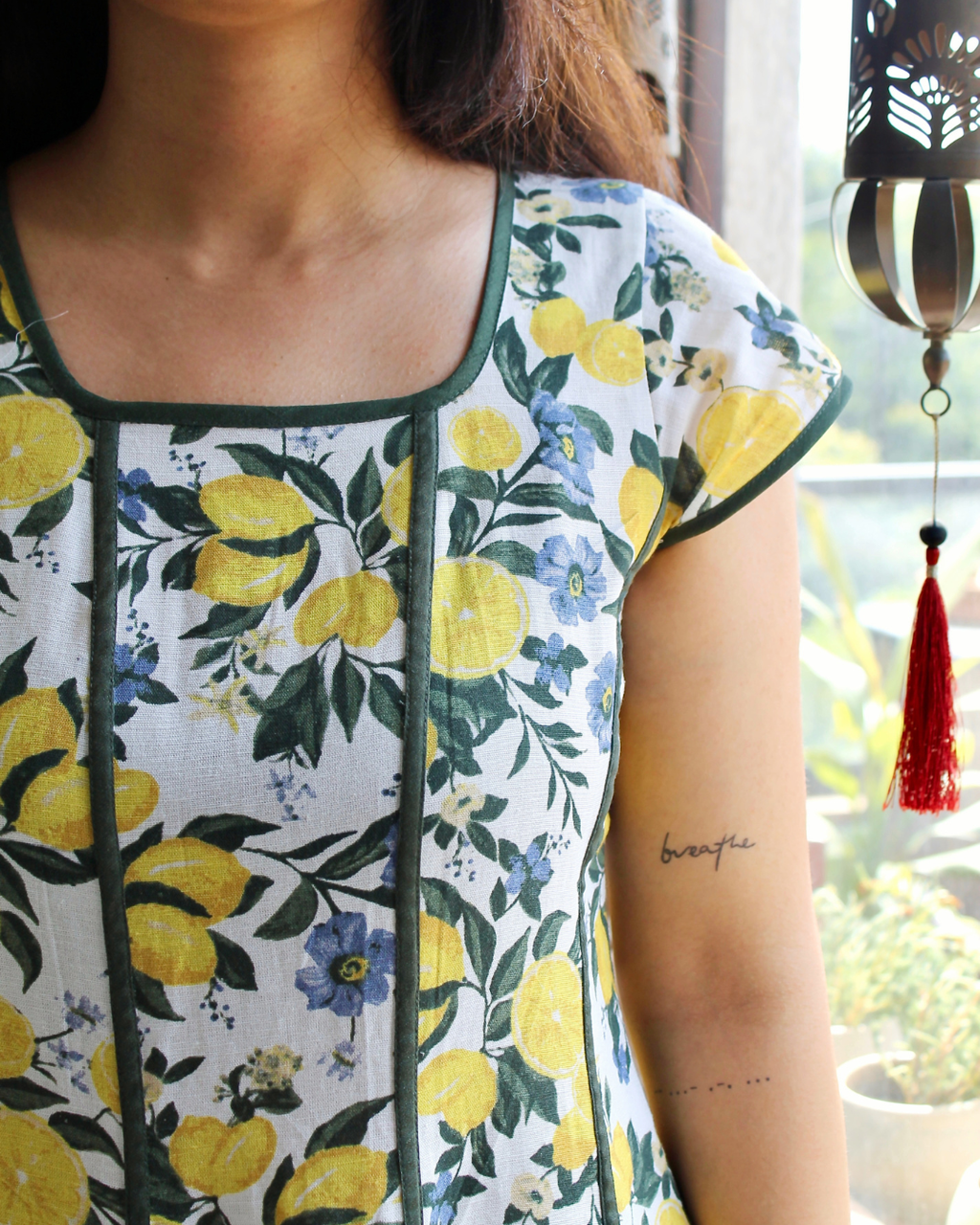 Cotton dress with contrast silk piping detail close up Amalfi Bloom