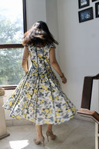 Cotton dress with contrast silk piping detail close up Amalfi Bloom