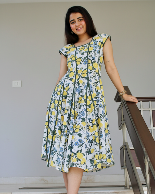 Amalfi Bloom cotton panelled dress with silk piping front view floral midi dress