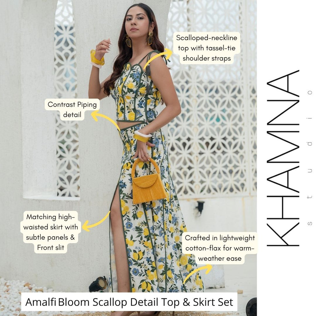 Amalfi bloom scallop detail top and skirt set with detailed explanation 100% cotton for you holiday needs. Crop top and matching skirt in lemon and floral print with contrast piping detail.
