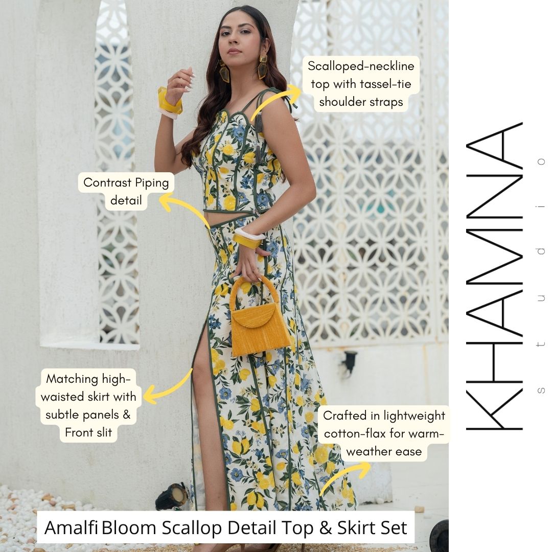 Amalfi bloom scallop detail top and skirt set with detailed explanation 100% cotton for you holiday needs. Crop top and matching skirt in lemon and floral print with contrast piping detail.