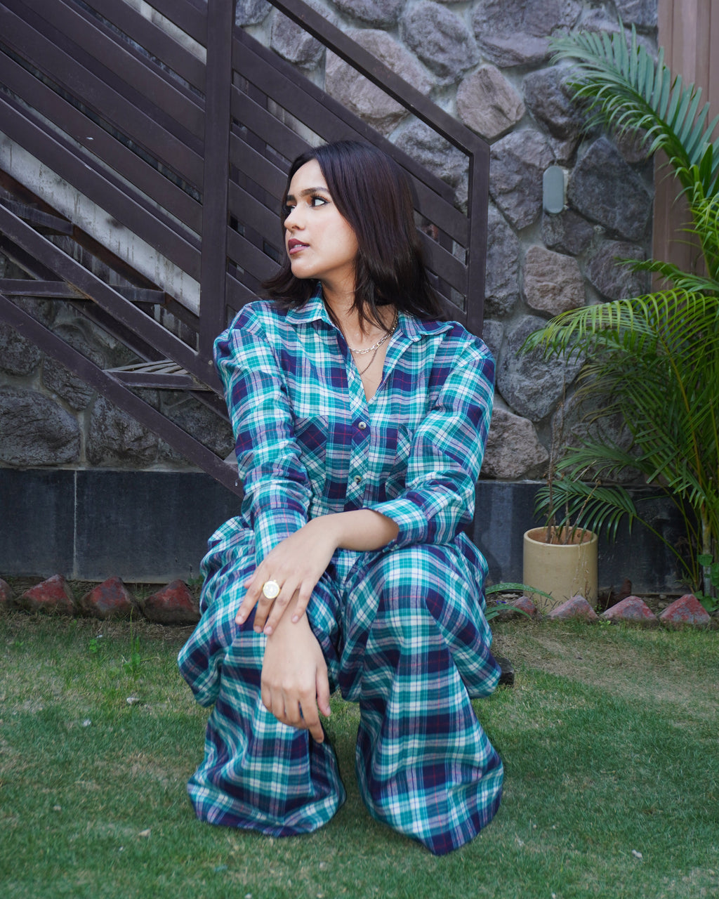 Anjali KKHH Y/D Check Cropped Shirt & Pleated Pants Winter Co-ord Set - Khamna Studio