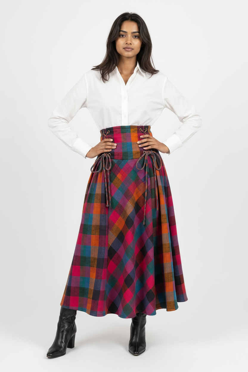 A woman modeling a high-waisted, full-length plaid skirt paired with a white button-down shirt and black ankle boots, photographed against a seamless light gray studio background.