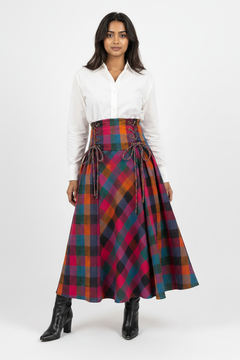 A model wearing a white long-sleeve button-up shirt and a high-waisted, pleated A-line skirt in a vibrant red, orange, blue, and green tartan plaid pattern. The skirt features a lace-up corset waist.