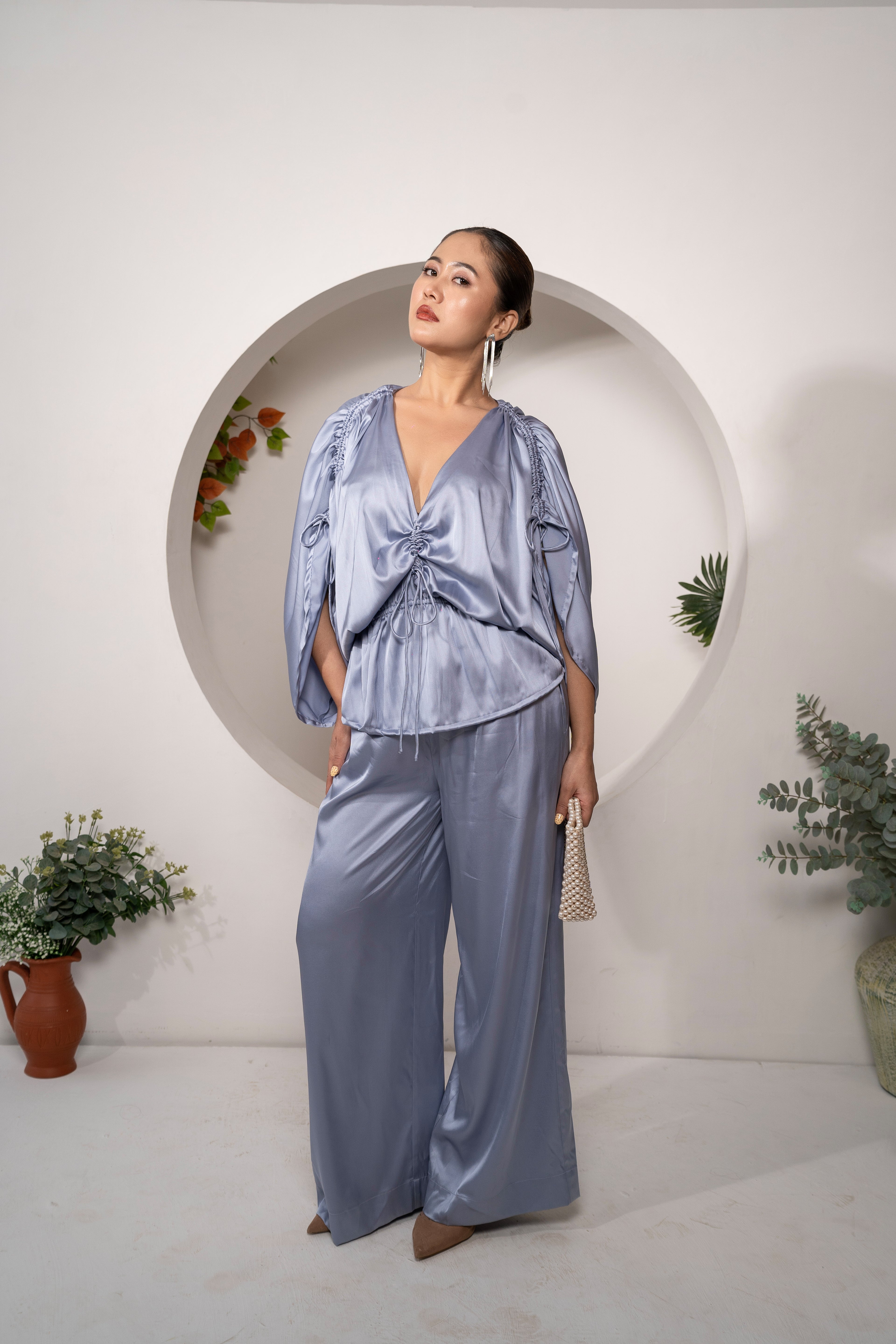 Azure Whisper Lounge Pants – Dusty Blue Satin Travel Trousers With Azure Whisper Ruched Tie-Top – Satin Drawstring Peplum