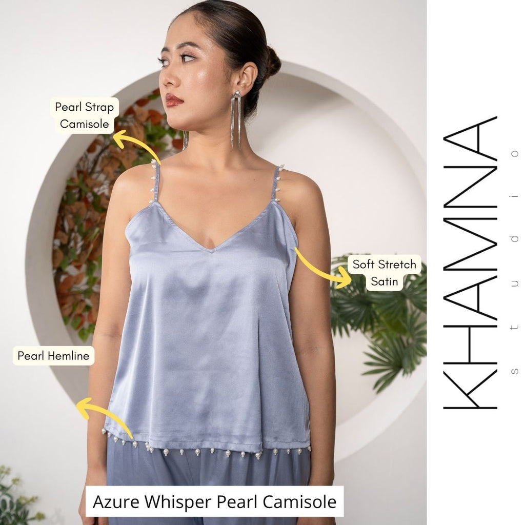 Woman wearing an Azure Whisper Pearl Camisole with text labels on a white background