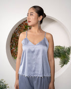 Azure_Whisper_Satin_Co-ord_Set_Pearl_Strap_Camisole_Wide-Leg_Pants_detail - Khamna Studio