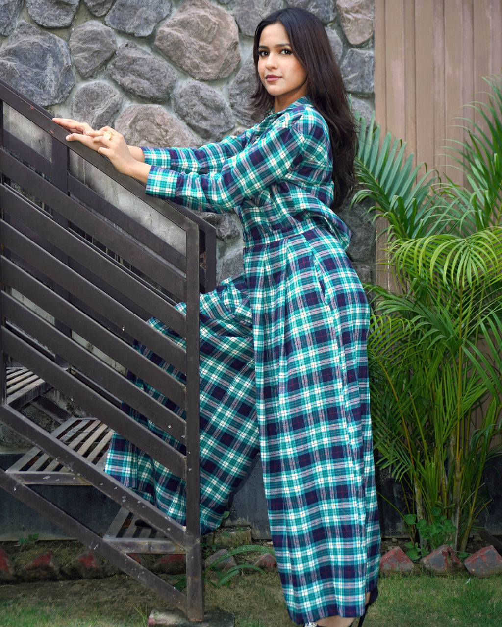 Anjali KKHH Y/D Check Cropped Shirt & Pleated Pants Winter Co-ord Set - Khamna Studio