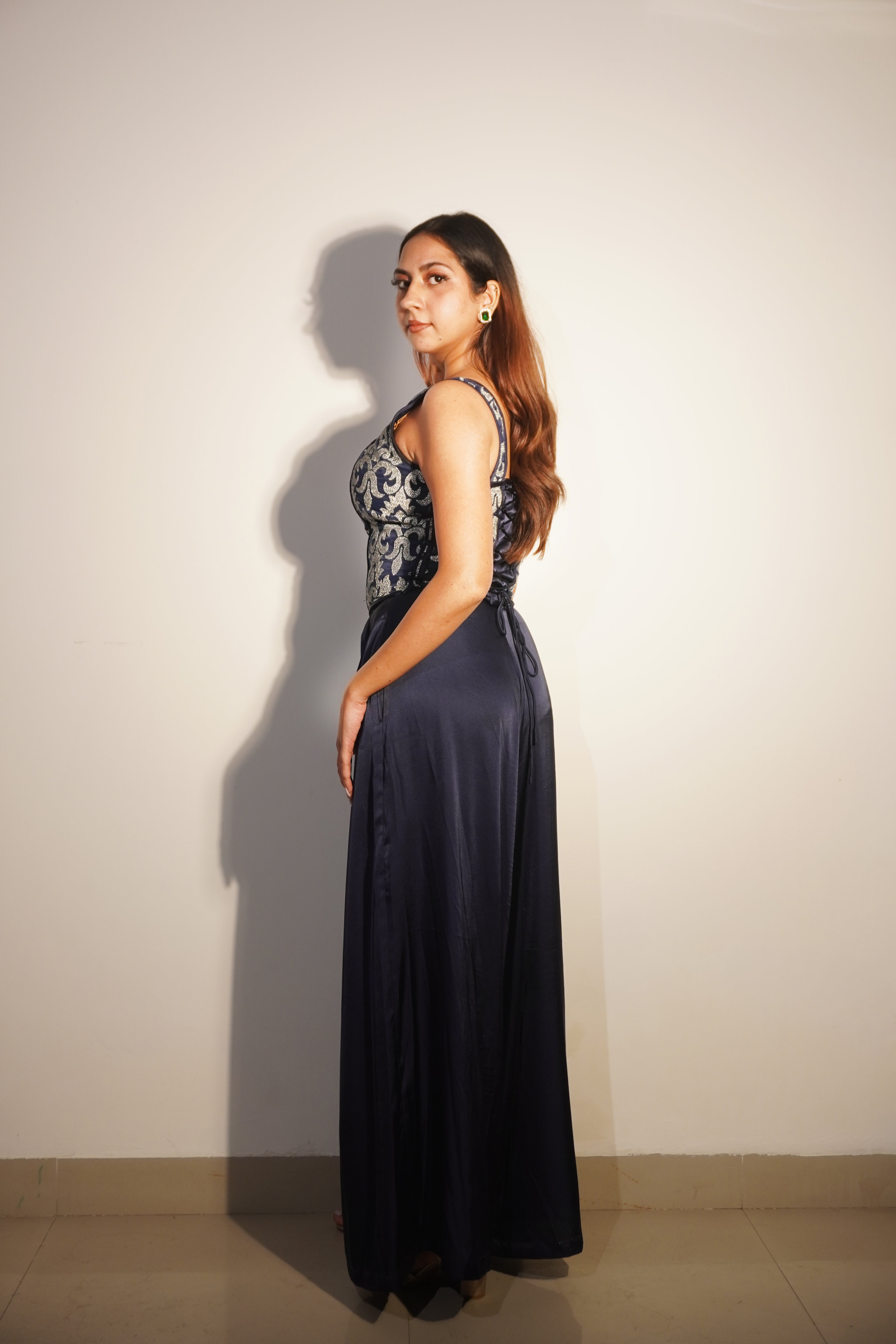 Veronica Navy Embroidered Corset-Look Top & Armani Satin Pleated Pants Co-ord Set – Luxe Party & Evening Wear for Women - Khamna Studio