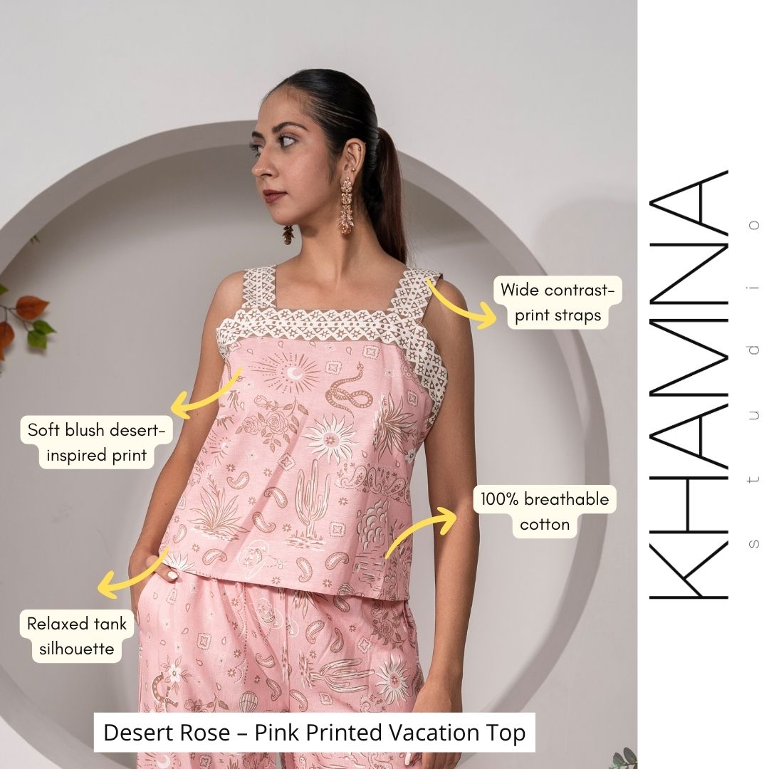 Woman wearing a pink printed vacation top with text highlighting features, against a neutral background.