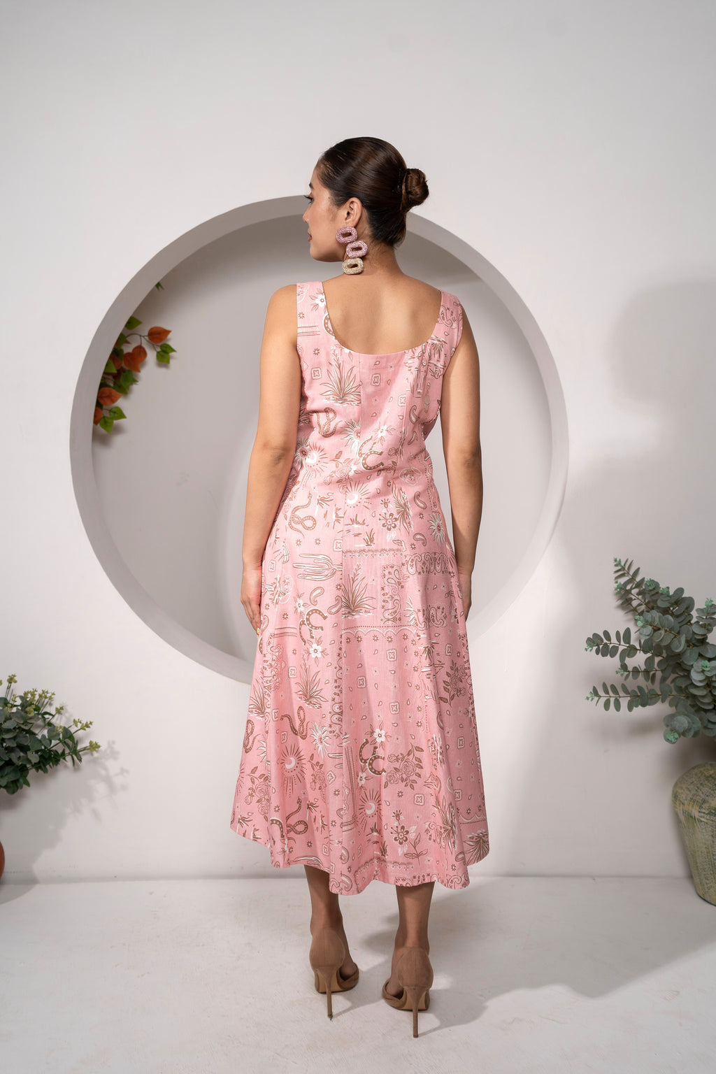 Desert Rose – Western Pink Panelled Midi Dress- back