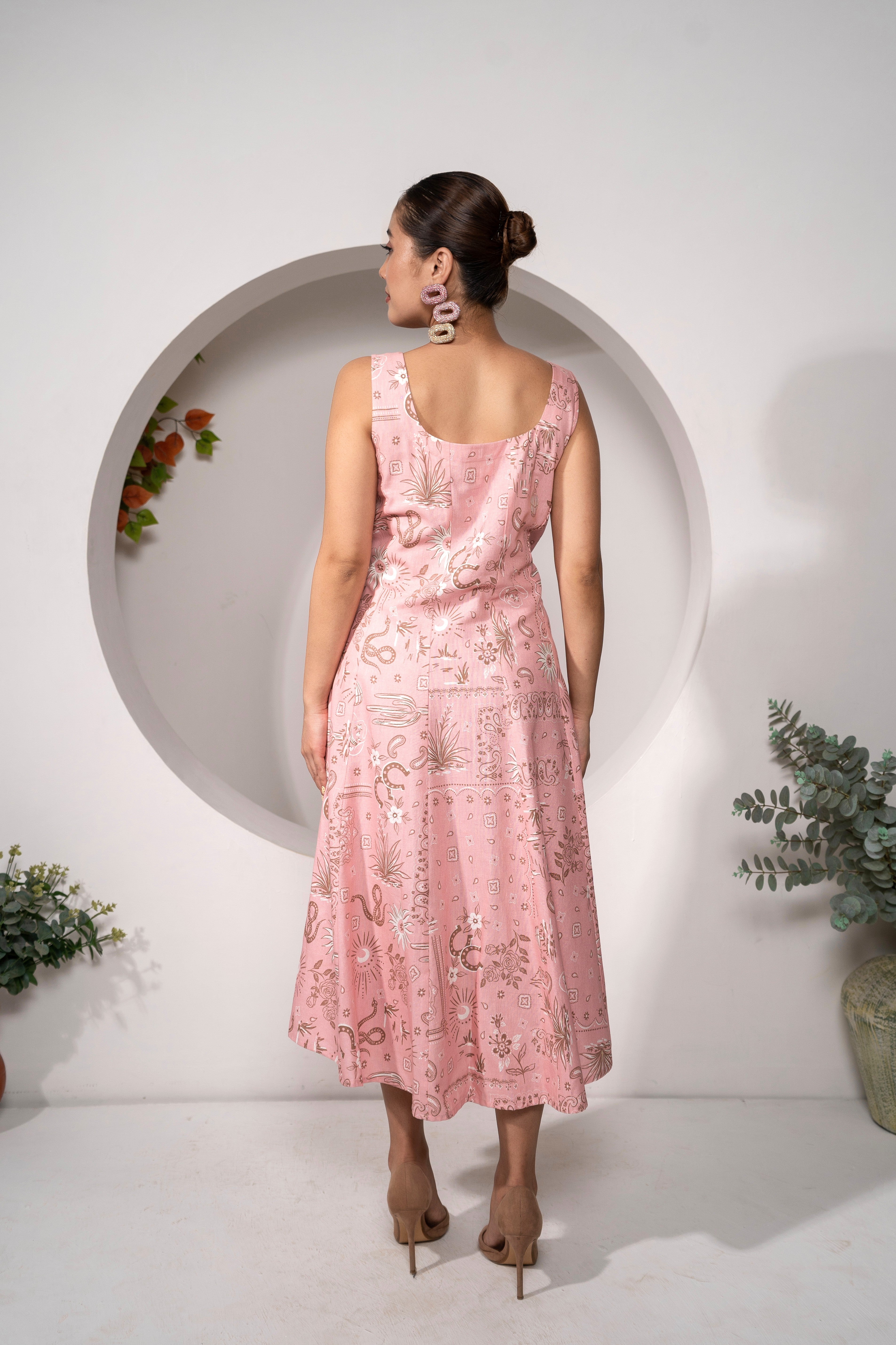 Desert Rose – Western Pink Panelled Midi Dress- back