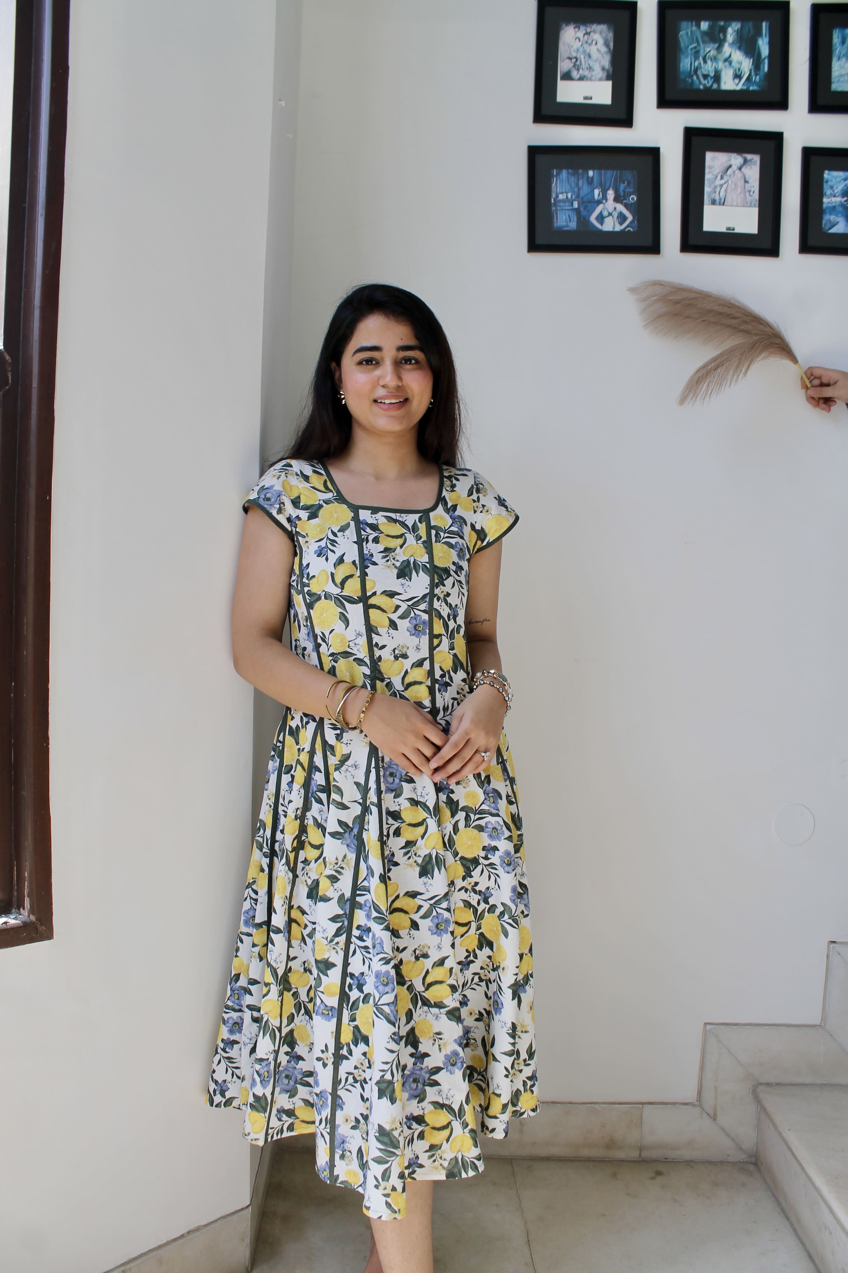 Cotton dress with contrast silk piping detail close up Amalfi Bloom