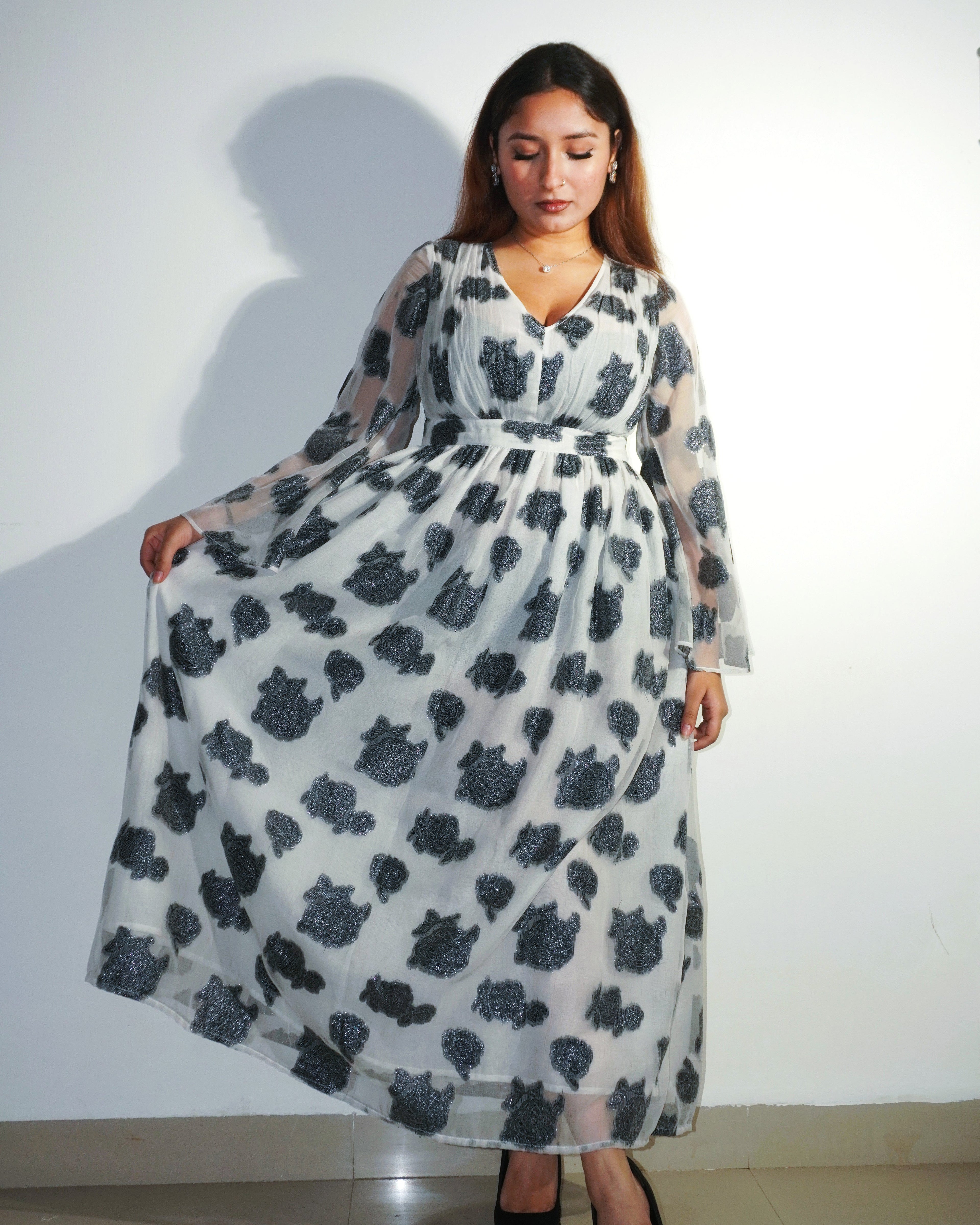 Ishq Sufiyana Organza Maxi Dress – Viscose Organza Lurex Floral Long Dress - Khamna Studio