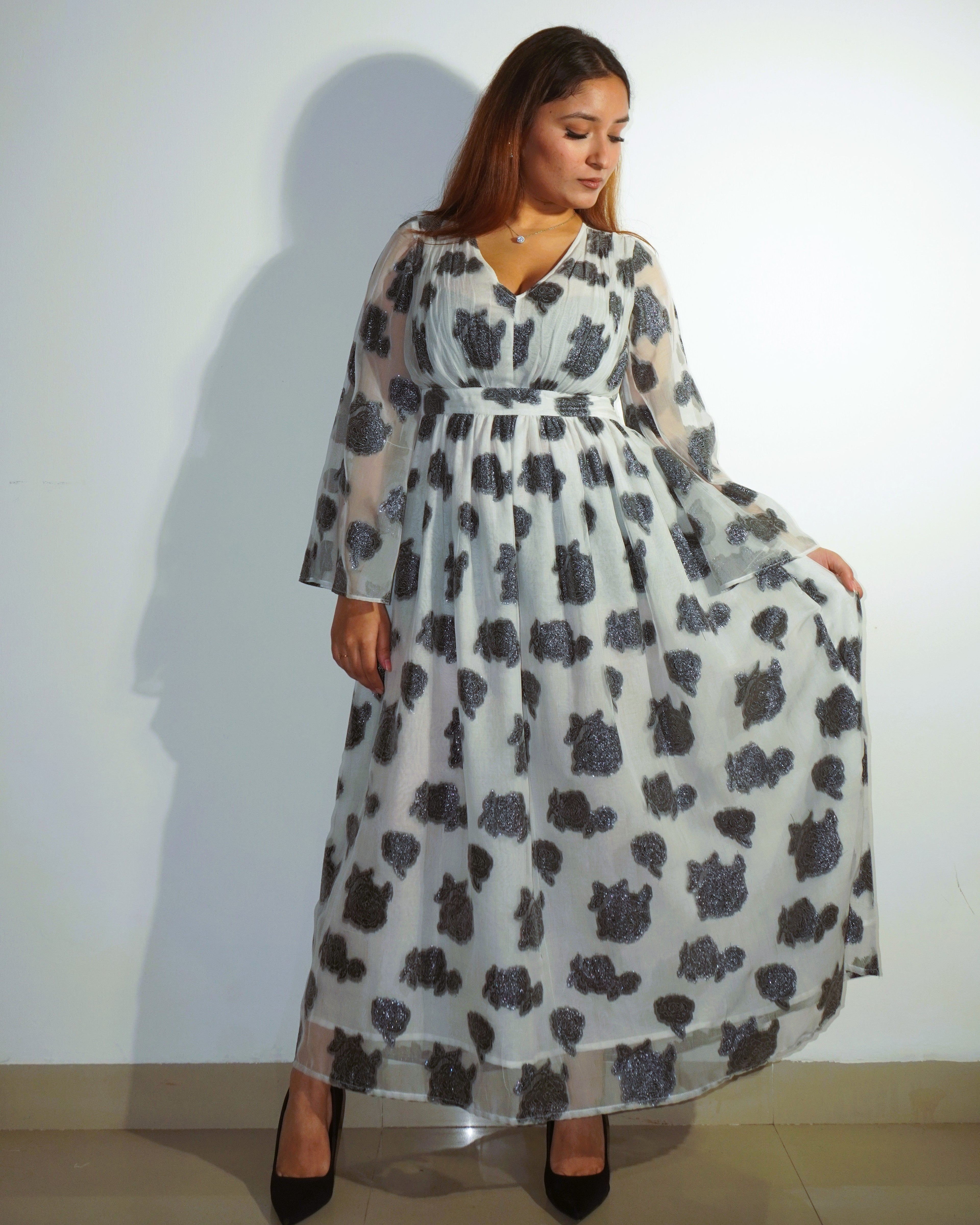 Ishq Sufiyana Organza Maxi Dress – Viscose Organza Lurex Floral Long Dress - Khamna Studio