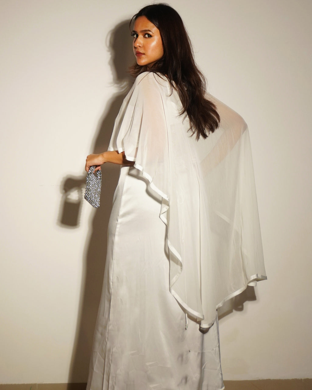 Maya Cloud Dancer White Cape Dress – Festive & Celebration Wear - Khamna Studio