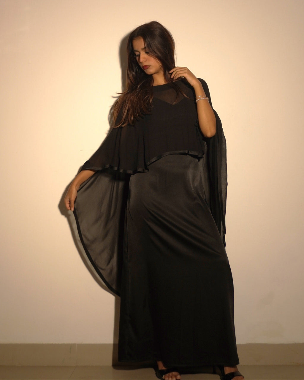Nisha Black Satin Cape Dress – Evening & Party Wear - Khamna Studio
