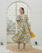 Khamna-Citrus-Bloom-Puff-Sleeve-Dress-Cotton-_Front - Khamna Studio