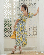 Khamna-Citrus-Bloom-Puff-Sleeve-Dress-Cotton_Back - Khamna Studio
