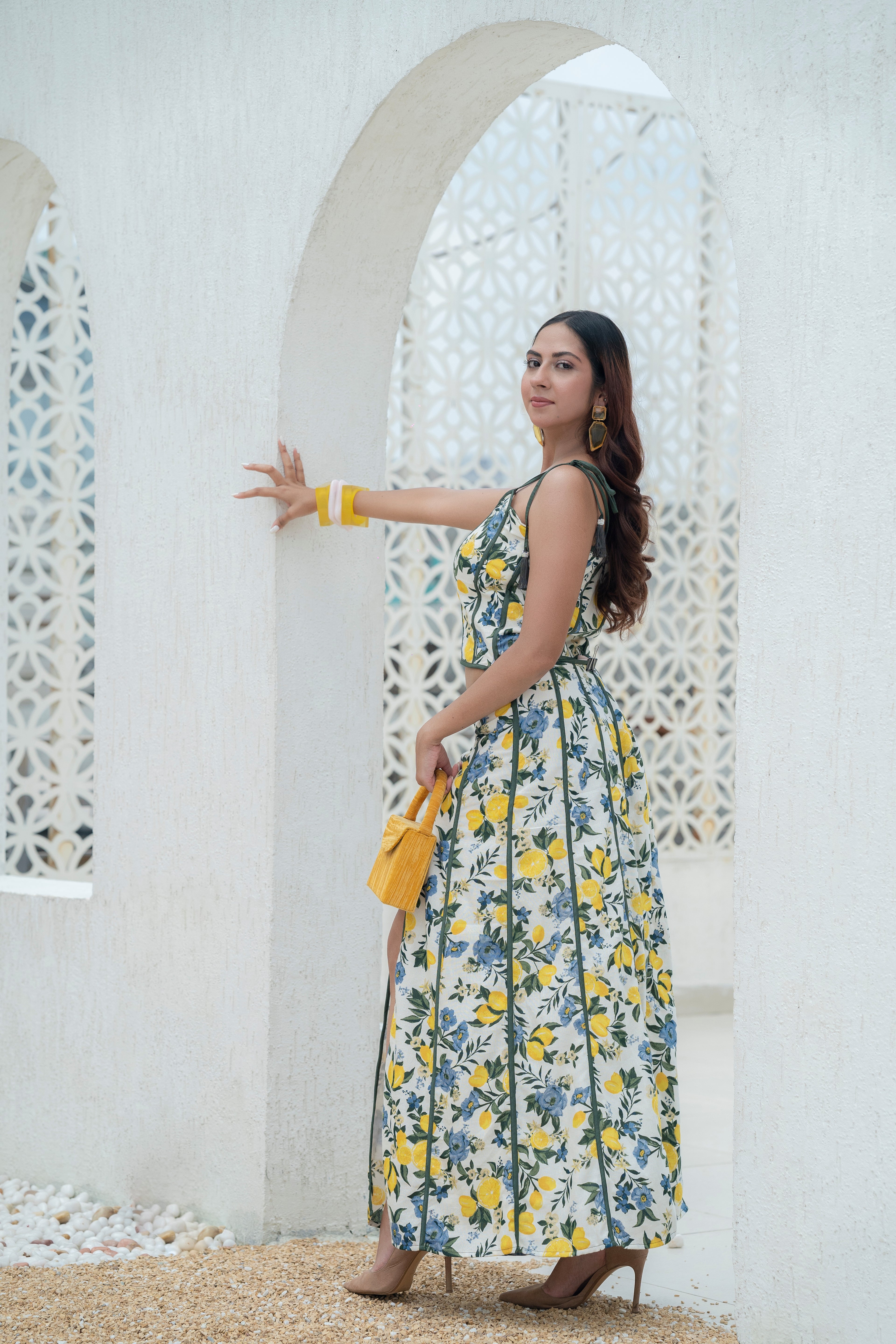 Khamna Amalfi Bloom Skirt – Mid Waist Slit Midi skirt
