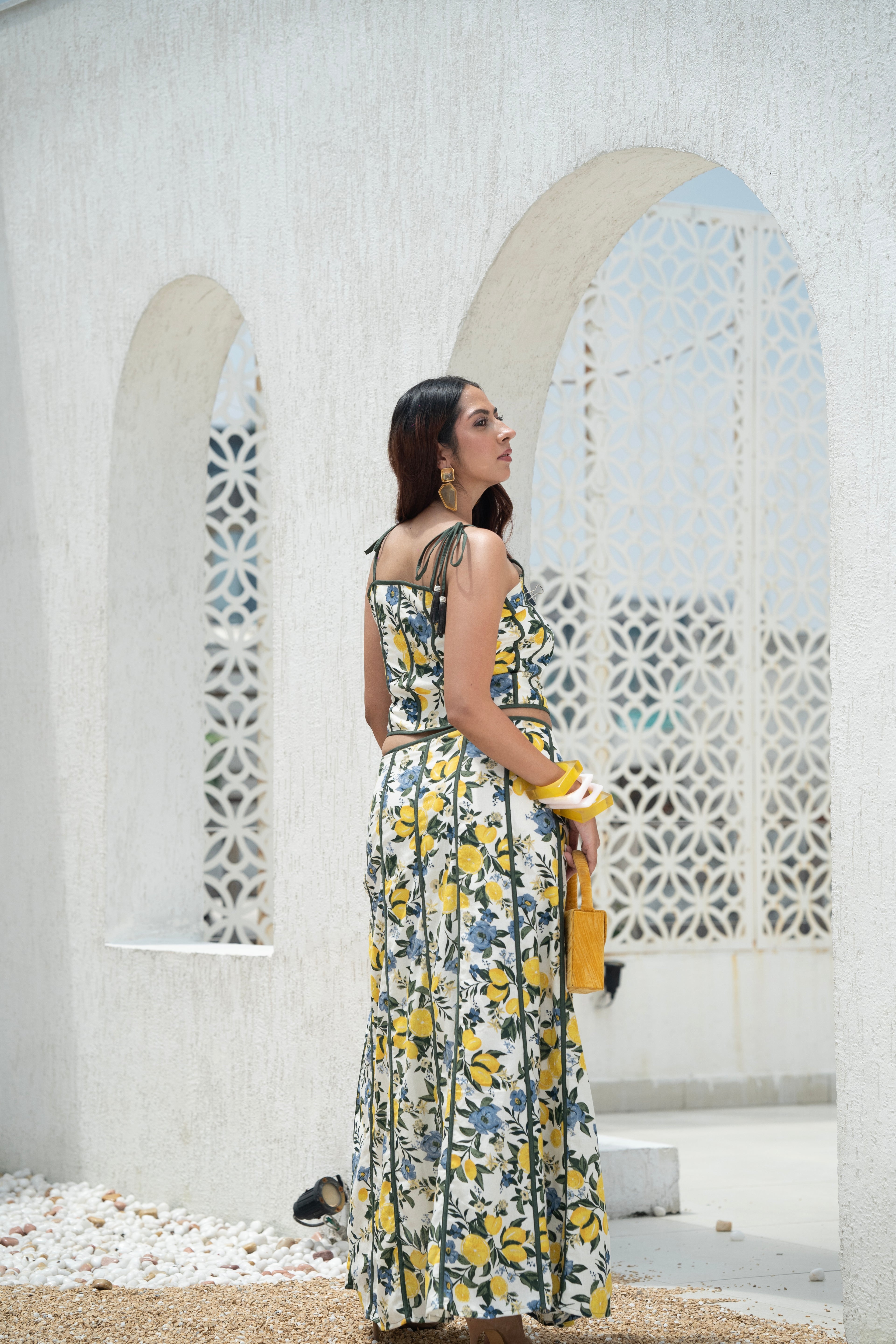Khamna Amalfi Bloom Top – Scallop Detail Tassel Strap Crop back and Khamna Amalfi Bloom Skirt – Mid Waist Slit Midi back