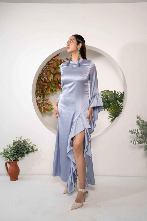 Khamna_Azure_Muse_-_Stretch_Satin_Ruffle_Gown_front - Khamna Studio