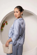 Khamna_Azure_Whisper_Ruched_Tie-Top_Satin_Drawstring_Peplum-_Back - Khamna Studio