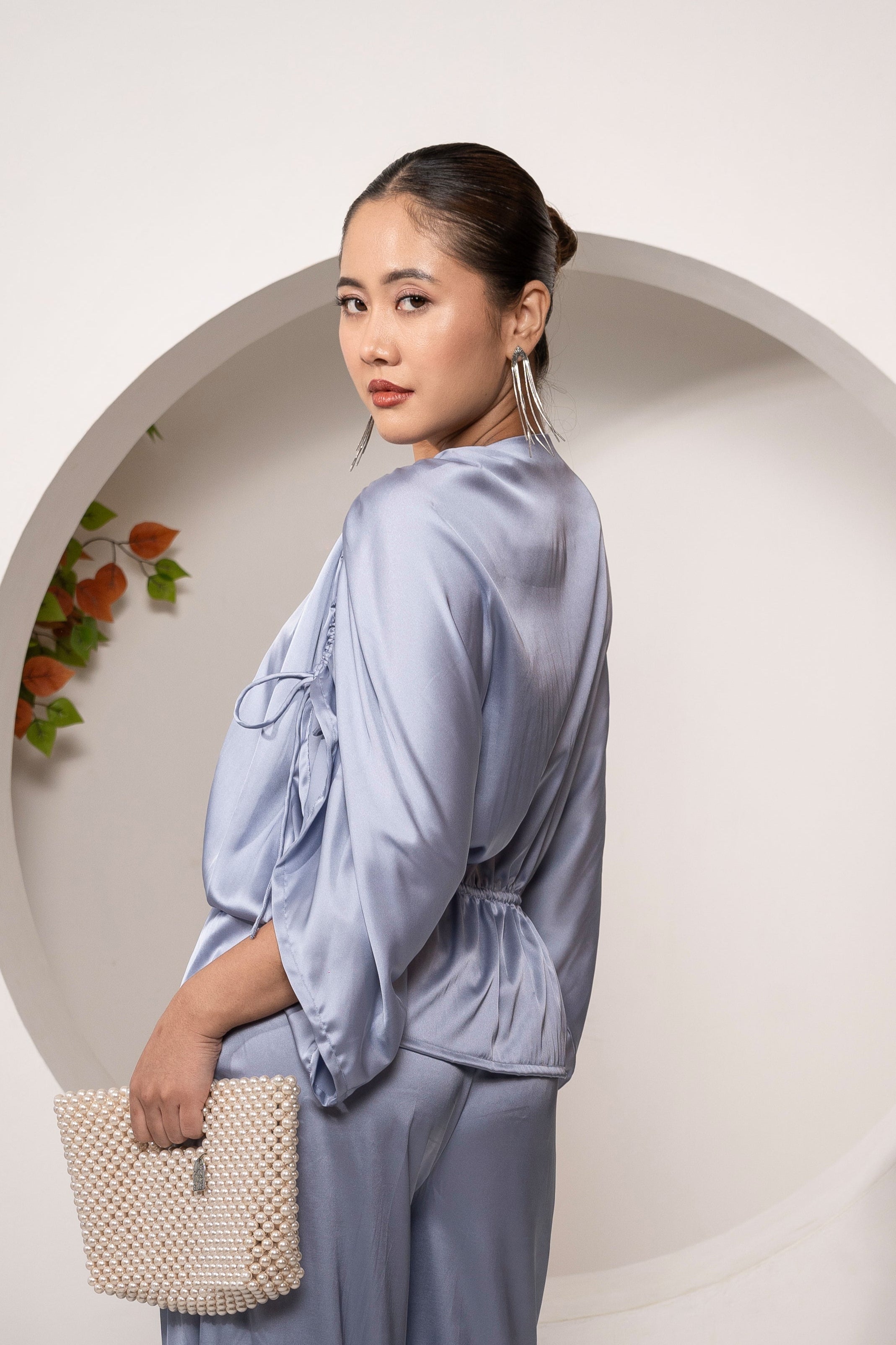 Khamna Azure Whisper Ruched Tie-Top – Satin Drawstring Peplum- back with matching pants made for your resort wear need night looks