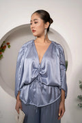 Khamna_Azure_Whisper_Ruched_Tie-Top_Satin_Drawstring_Peplum-_front - Khamna Studio