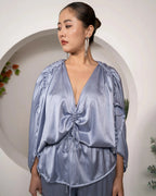 Khamna_Azure_Whisper_Ruched_Tie-Top_Satin_Drawstring_Peplum-_front - Khamna Studio