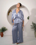 Khamna_Azure_Whisper_Ruched_Tie-Top_Satin_Drawstring_Peplum-_front_full_look - Khamna Studio