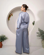 Khamna_Azure_Whisper_Ruched_Tie-Top_Satin_Drawstring_Peplum-_full_back_look - Khamna Studio