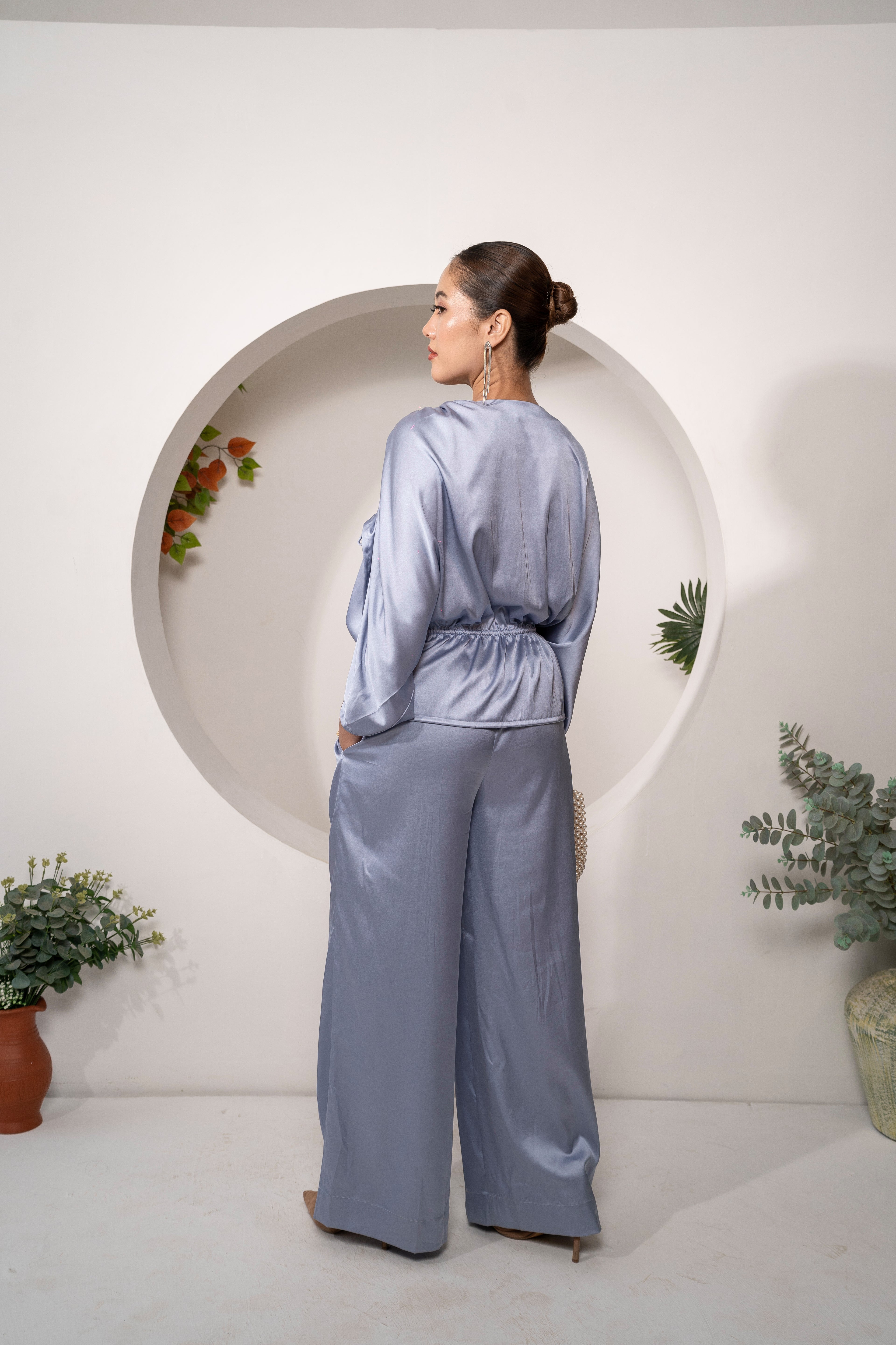 Khamna Azure Whisper Ruched Tie-Top – Satin Drawstring Peplum- full back look