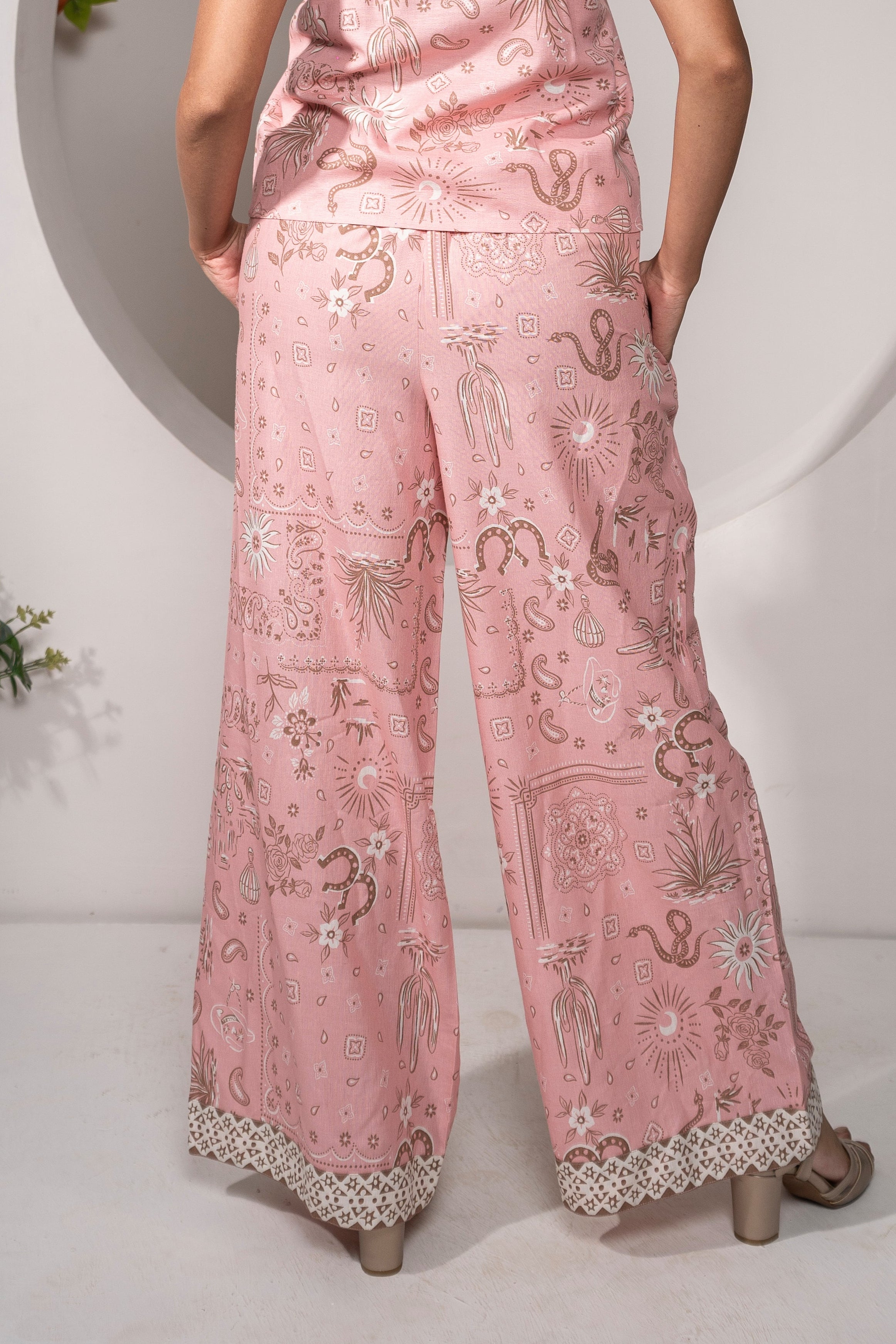 Khamna Desert Rose Pink Printed Relaxed Pants – 100% Cotton Back view. 
