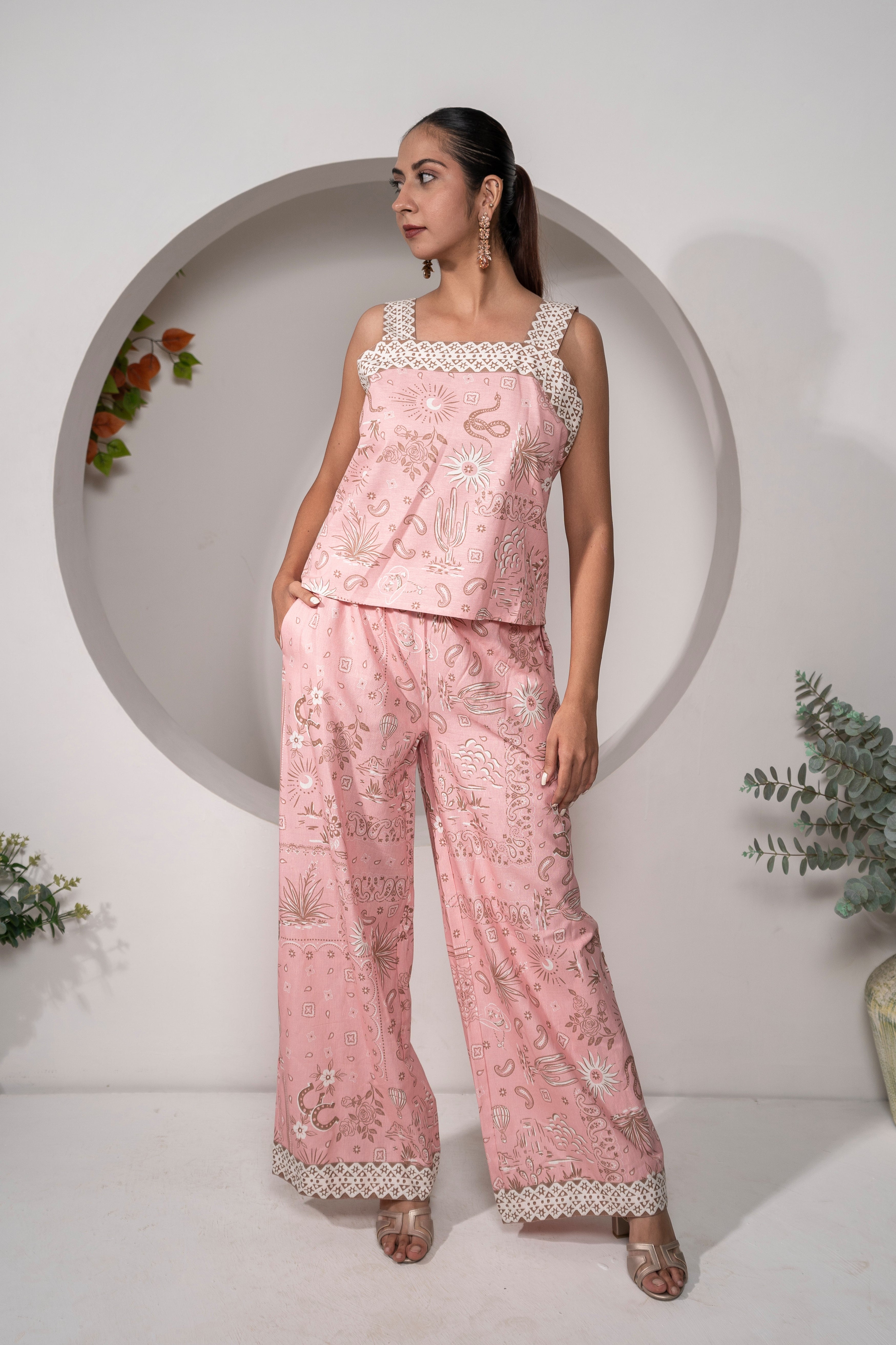 Khamna Desert Rose – Pink Printed Vacation 100% Cotton Woven Tank top with thick contrast print straps and contrast print on Neckline and armhole.