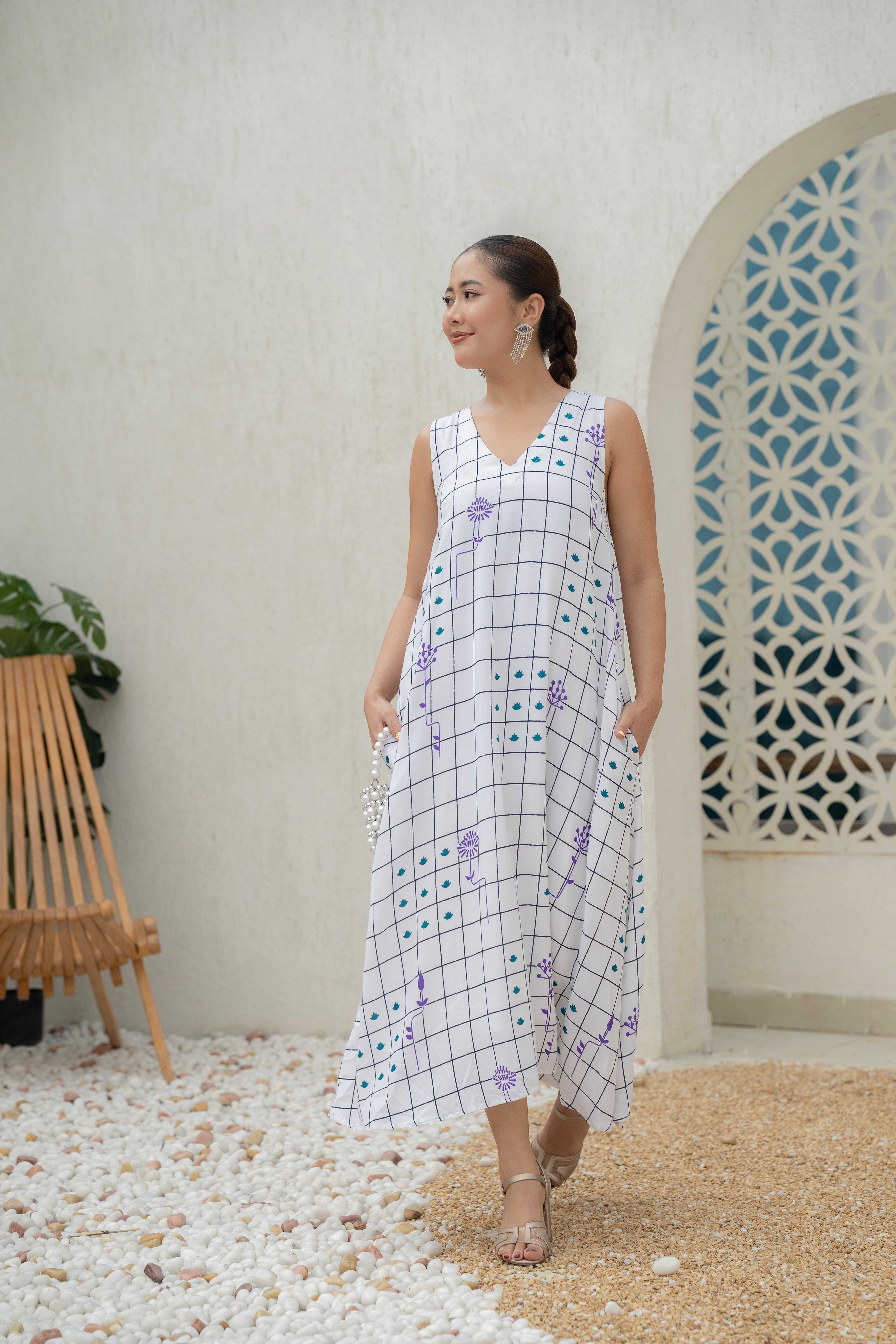 Khamna Grid Bloom – Rayon Summer Dress. White Rayon base with black checkered look with purple flower and green leaves