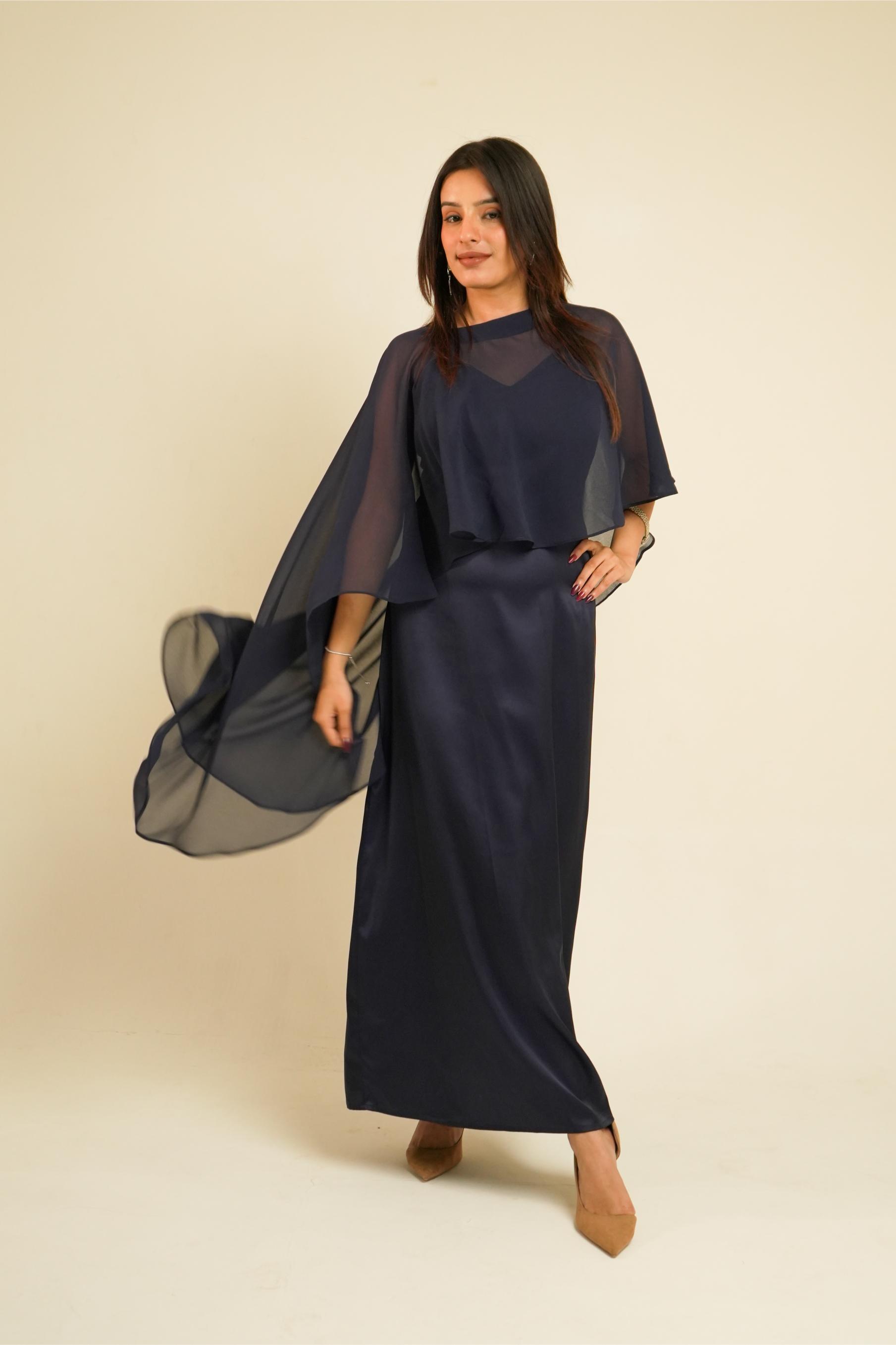 Nancy Navy Satin Cape Dress | Draped Occasion Dress for Women full look