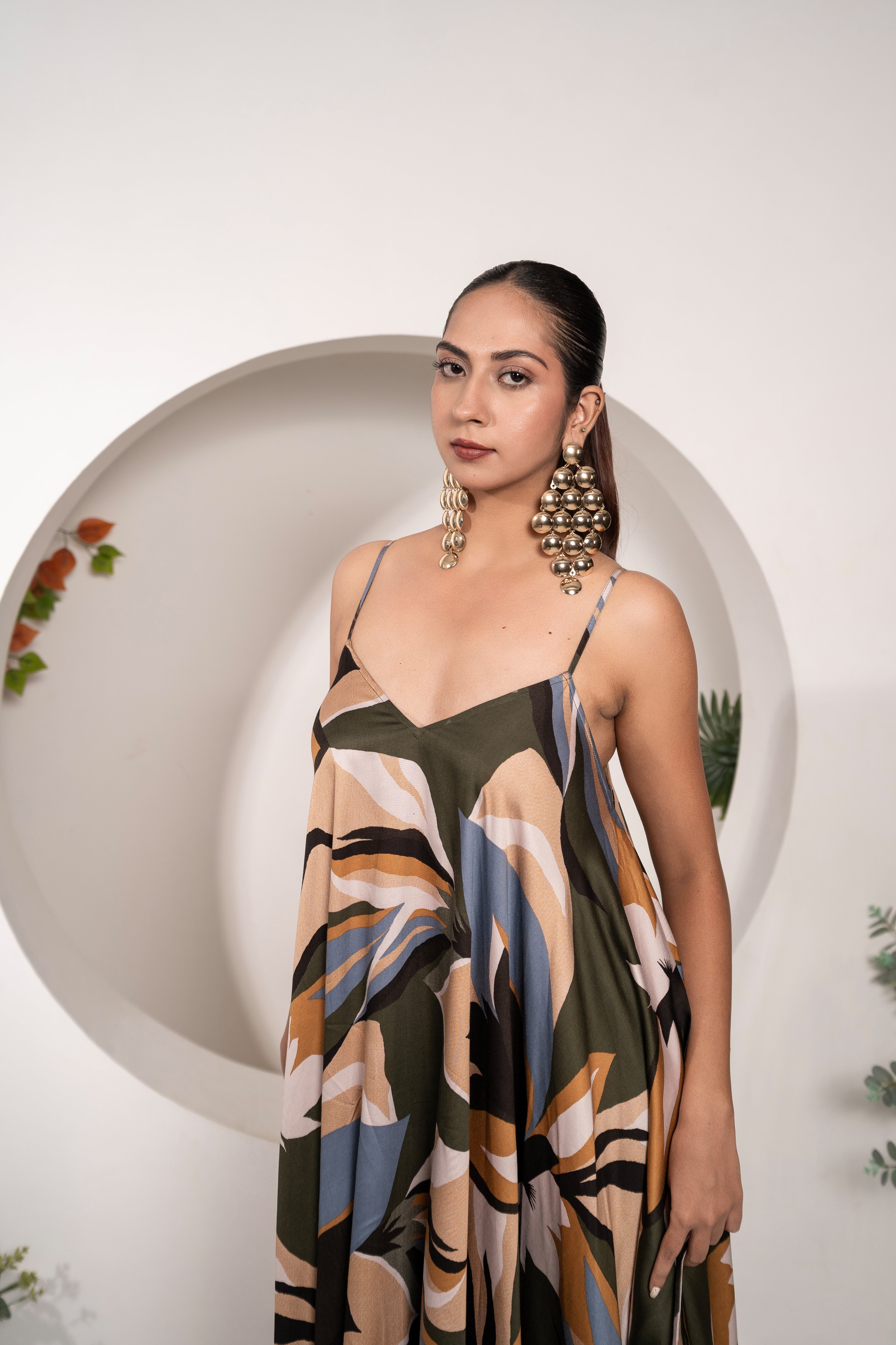 Khamna Tropical Mirage – Handkerchief Hem Slip Dress neck details
