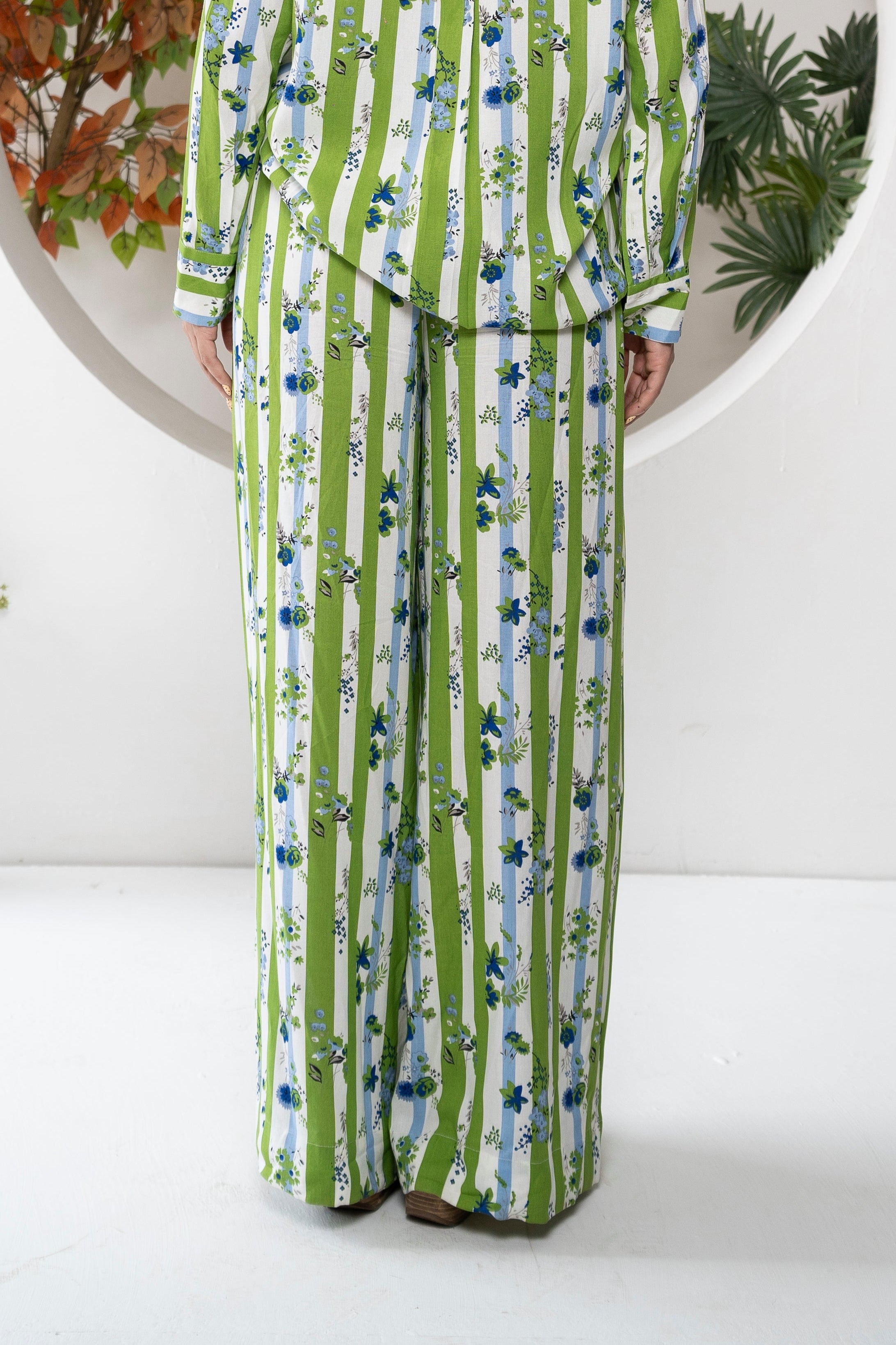 Khamna Verdant Bloom – Straight-Leg Resort Pants with matching shirt stripes and floral patterns printed