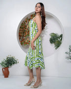 Khamna_Verdant_Bloom_Striped_Flared_Midi_Dress-Sidi - Khamna Studio