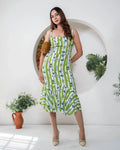 Khamna_Verdant_Bloom_Striped_Flared_Midi_Dress-_Front - Khamna Studio