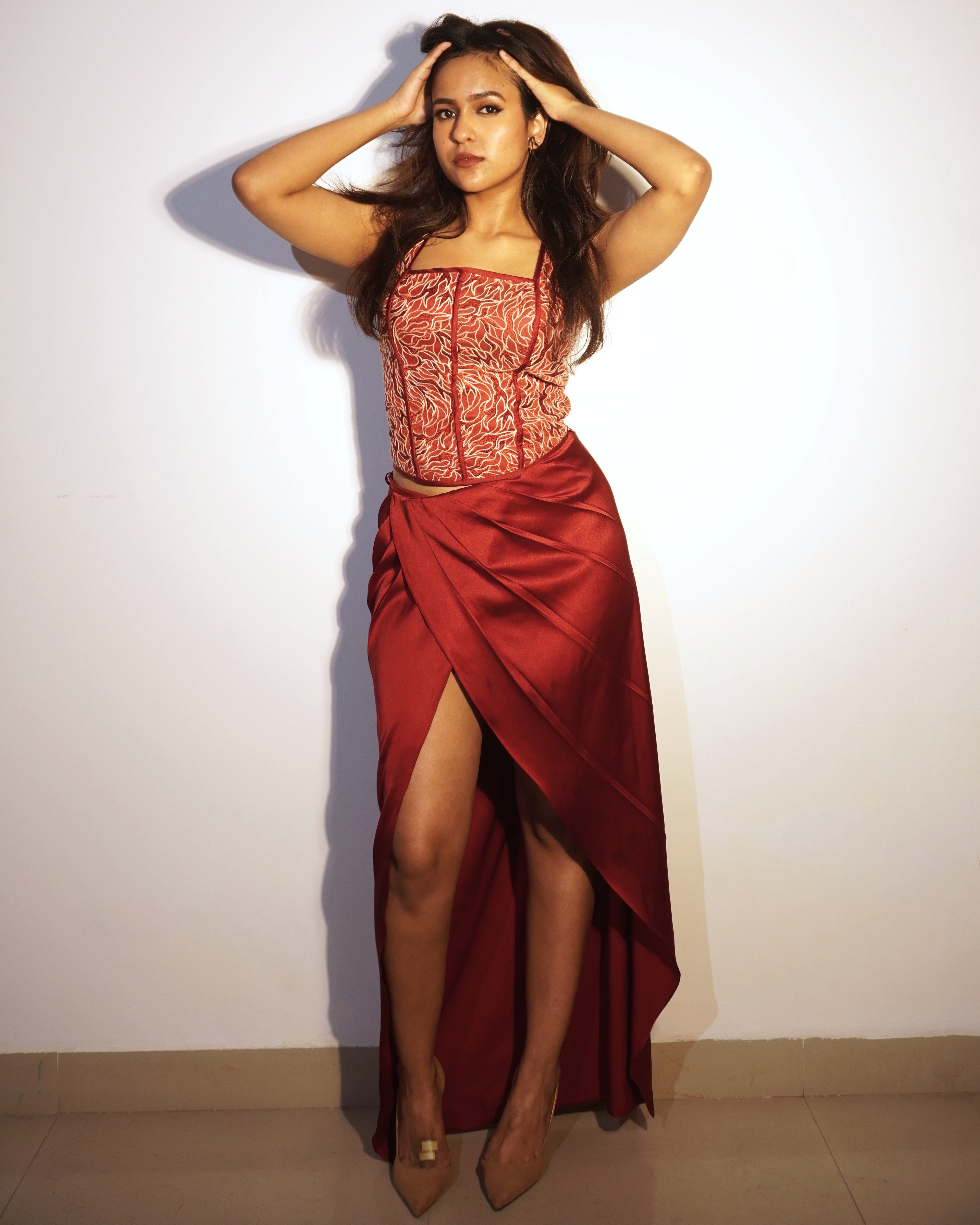 Lucky Boy Satin Slit Maxi Skirt – Draped Pleated Party Skirt for Women - Khamna Studio