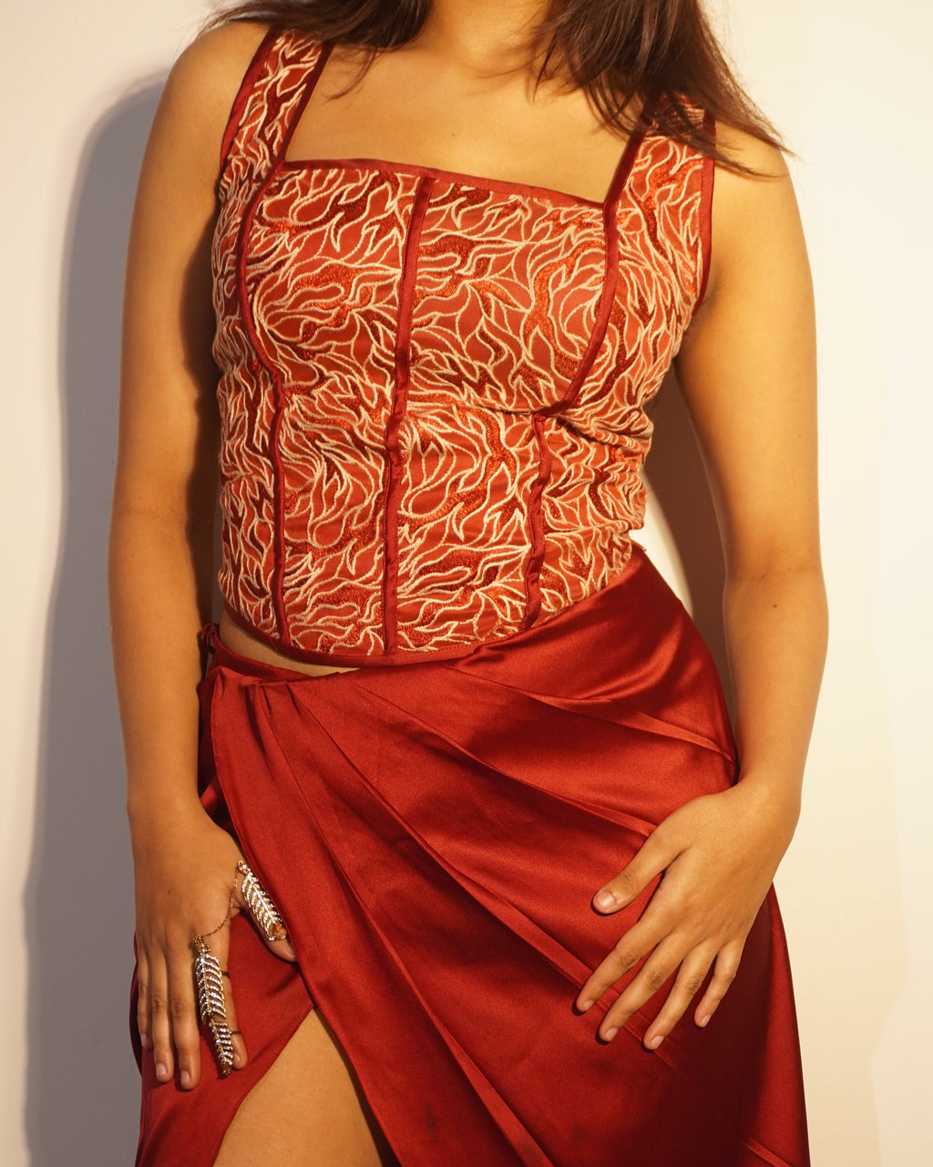 Lucky Boy Red Embroidered Non-Padded Corset-Look Top – Festive & Partywear Blouse - Khamna Studio