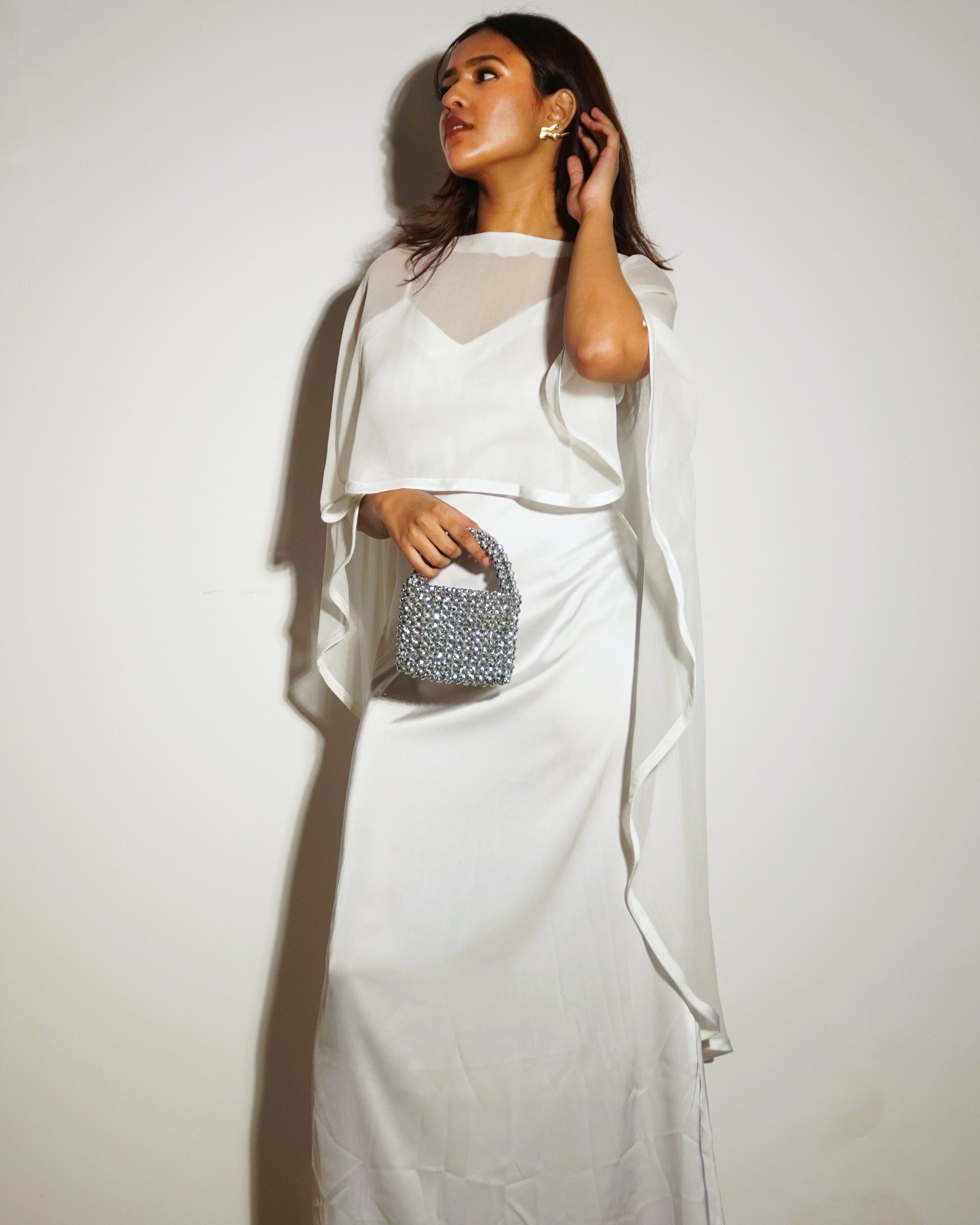 Maya Cloud Dancer White Cape Dress – Festive & Celebration Wear - Khamna Studio