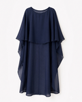 A navy blue sheer overlay dress with a layered, draped design, featuring a round neckline and a flowing silhouette, shown against a plain white background.